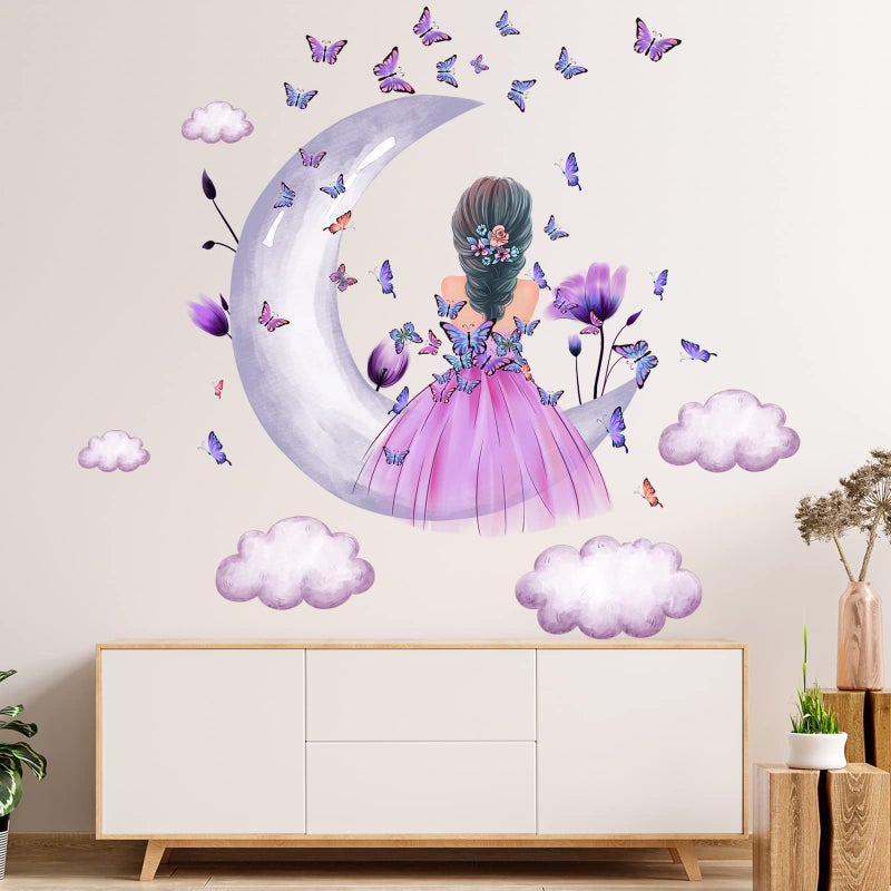 Aurbhosa Baby Girl Wall Decals Purple Flower Butterfly Wall Sticker Moon Cloud Wall Decal Colorful Butterflies Wall Stickers Princess Room Decor for Girls Nursery Bedroom Playroom - Image 4
